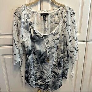 Style & Co. Black & White Floral Script Peasant Blouse